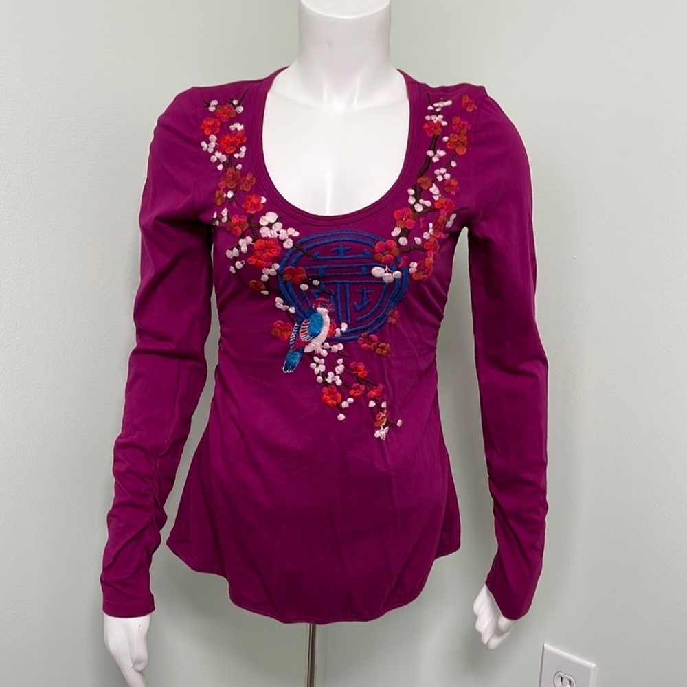 Johnny Was LA Purple Floral Bird Embroidered Long Sleeve Top Small
